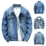 WREESH Fashion Winter Jacket Men'S Jackets Casual Slim Denim Jacket Long Sleeve Hoodless Denim Jacket Dark Blue