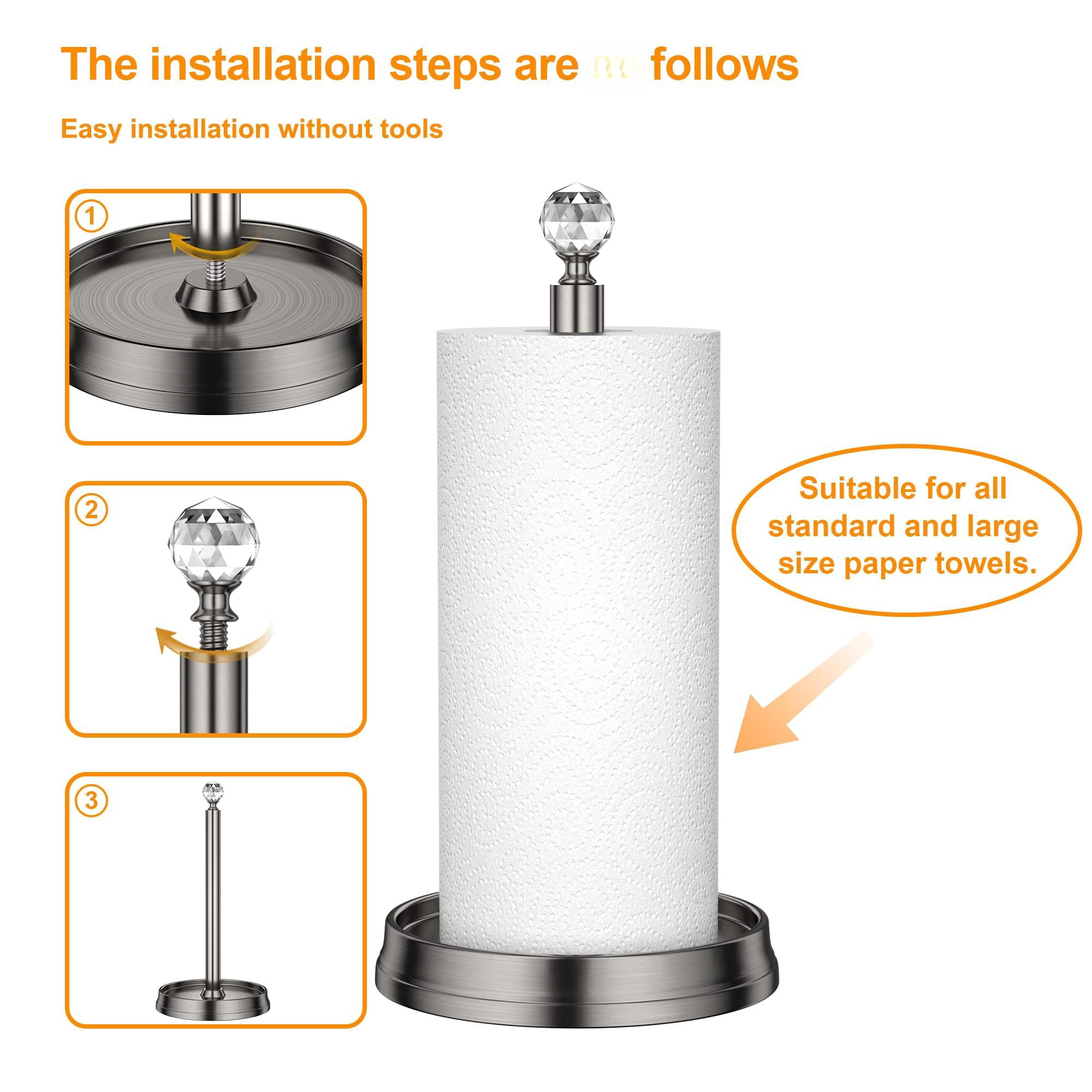 Paper Towel Holder With Crystal Ball - Steel Countertop Stand  Fits Standard & Rolls Brushed Nickel