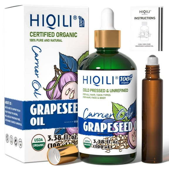 HIQILI Grapeseed Carrier Oil, Pure Natural Organic, 100mL Plant Oil for Hair Skin Mixing Massage