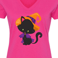 thumbnail image 4 of Inktastic Black Cat, Cat Wearing Witch Hat, Halloween Women's V-Neck T-Shirt, 4 of 5