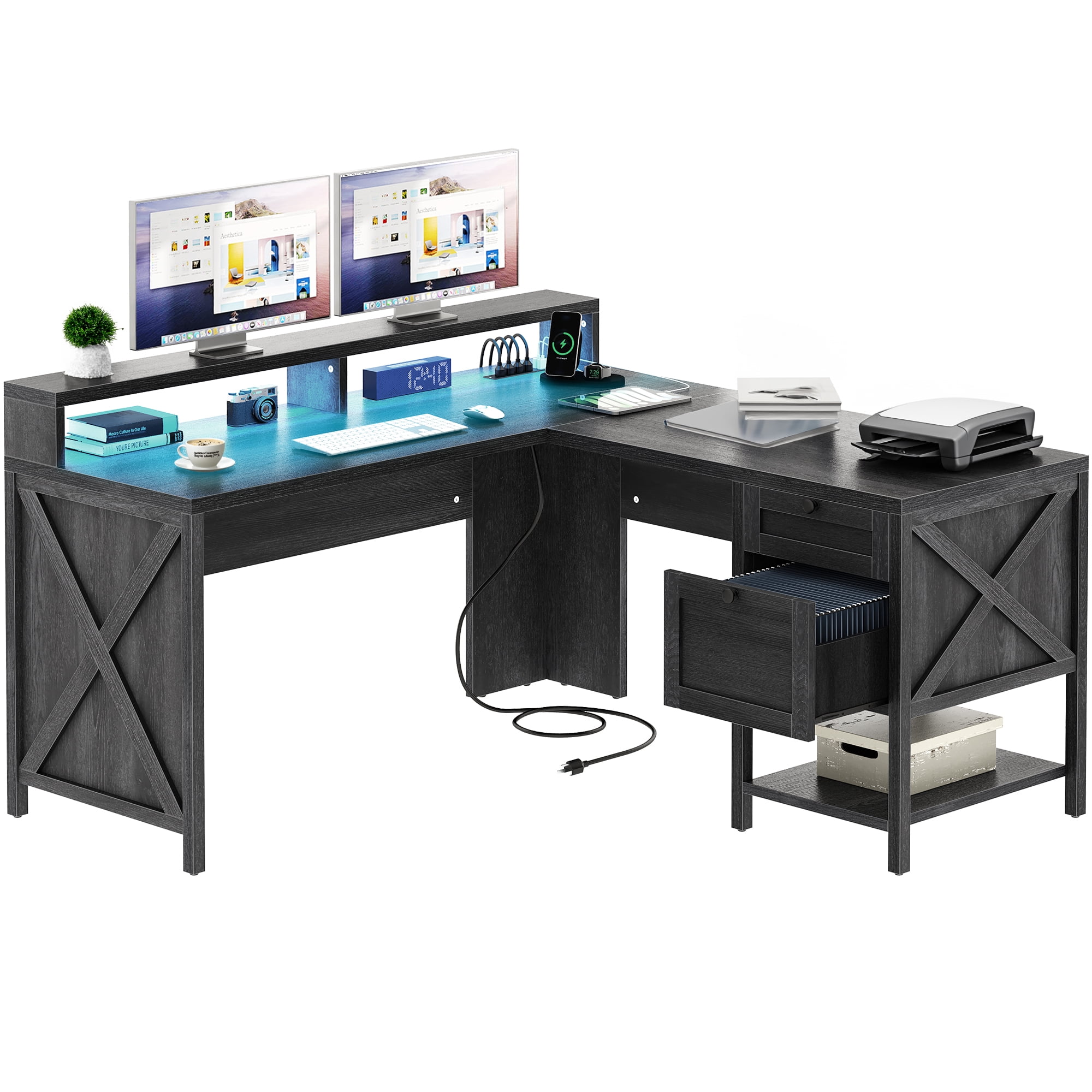 Dextrus L Shaped Desk with File Drawer , L Shaped Computer Desk with Power Outlets & LED Lights, Corner Desk Game Desk with Monitor Stand & Storage Shelves, Gray