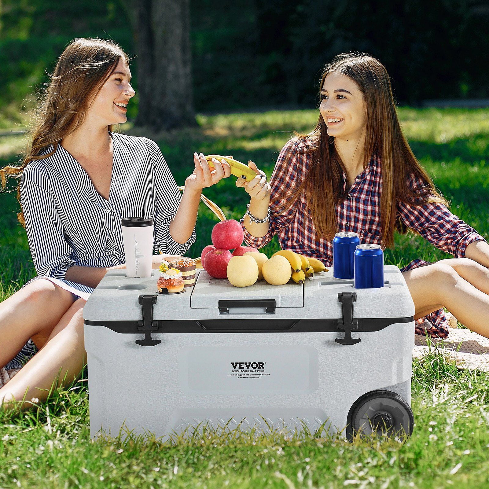 74 QT Wheeled Cooler - 120 Can Capacity Portable Ice Chest with Heavy-Duty Wheels & Cup Holders, Insulated Outdoor Cooler for Camping, Tailgating, Beach & BBQs, Leak-Proof Drain & Extended Cold Reten