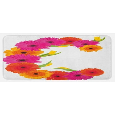 Letter C Kitchen Mat, Vivid Floral Bouquet Blossom Season Inspired Florets with Tulip Flower, Plush Decorative Kitchen Mat with Non Slip Backing, 47" X 19", Orange Hot Pink Green, by Ambesonne