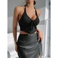 thumbnail image 3 of Y2k Front Tie Crop Tops Halter Neck Flowy Plisse Summer Going Out Top Split Sleeveless Shirt Black L, 3 of 8