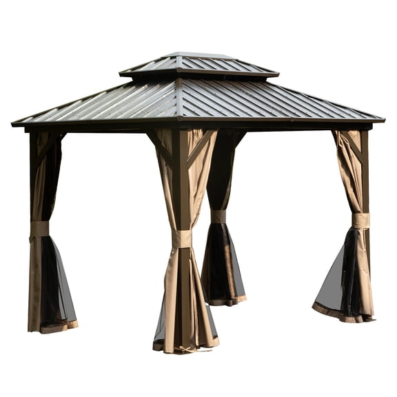 Patio Gazebos, 8' x 10' Hardtop Gazebo Permanent Metal Gazebo with Galvanized Steel Double Roof, Curtains and Netting for Party, Wedding, Outdoor Dining, Patio, Backyard, Brown, Backyard Gazebos