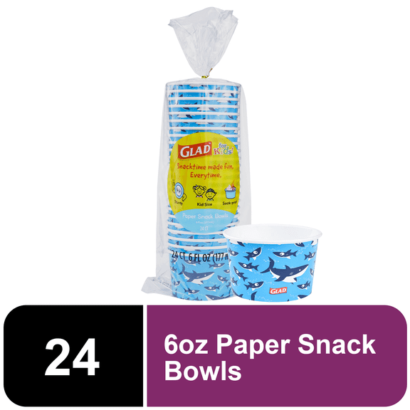 Glad For Kids Sharks 6oz Paper Snack Bowls, 24 Count - Leak Resistant & Sturdy