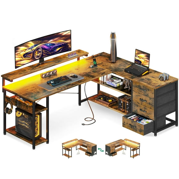AODK 61" L Shaped Desk with Drawer, Computer Desk with Power Outlets & LED Lights, Reversible Corner Gaming Desk for Home Office Workstation, Office Desk with Monitor Shelf, Vintage