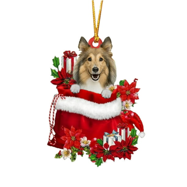 pstuiky Preciosa etiqueta navideña con flores y perro, adornos navideños, colgante para árbol de Navidad, decoración de árbol de Navidad estilo cabaña, árbol de Navidad verde