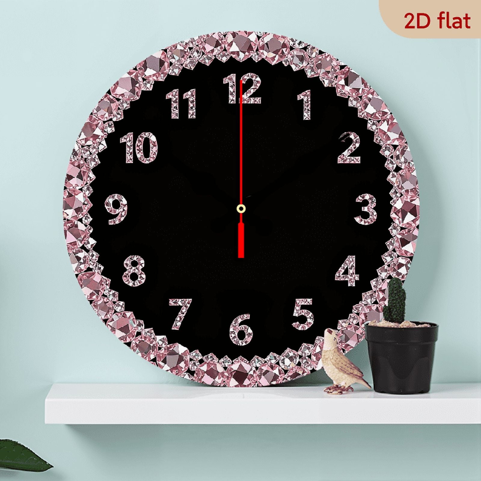 2D Flat 1pc 10Inch Wooden 1pc Elegant Modern Round Wall Clock with Pink Rhinestone Accent - Silent Swiss Quartz Movement, Non-Ticking, Black Pink Hands, 10Inch Large Face, Wooden Frame