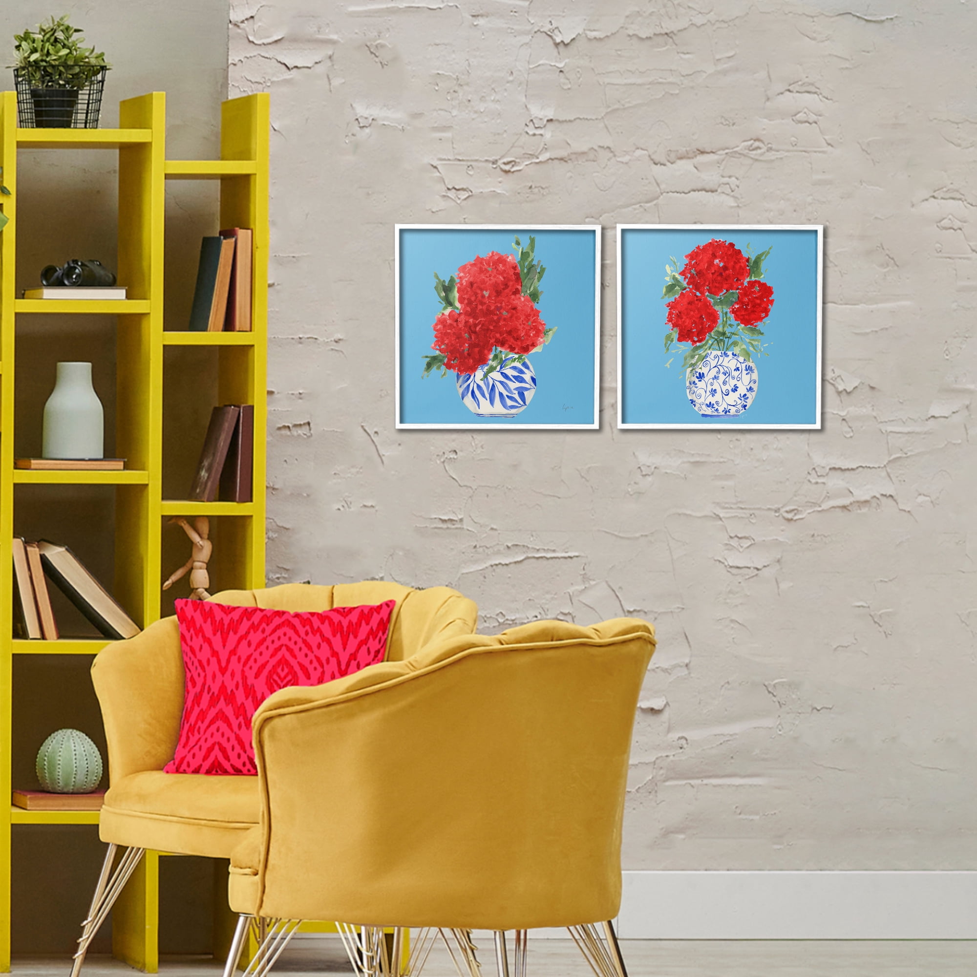 Stupell Industries Bright Red & Blue Hydrangeas 2 Piece White Framed Giclee Art Set, design by Lucille Price