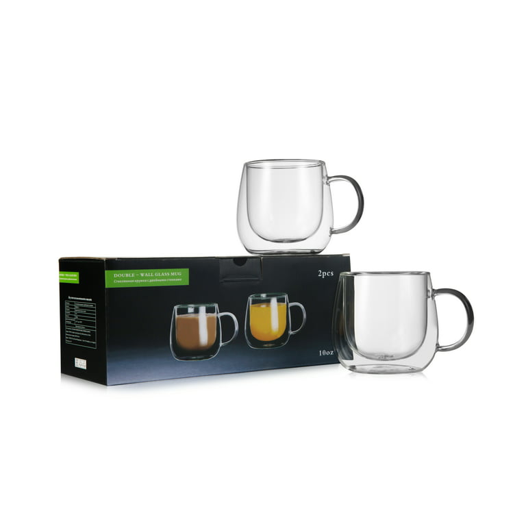 CnGlass Double Walled Glass Coffee Mugs 10oz(290ml),Large Insulated  Espresso Cups,Set of 4 Clear Cappuccino Mug with Handle