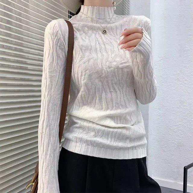 Femmes Automne et Hiver Mode Coréenne Col Montant Demi-Haut Tricot de Base Manches Longues Ajusté Chandail Tricoté Uni Chandail Hauts Ropa