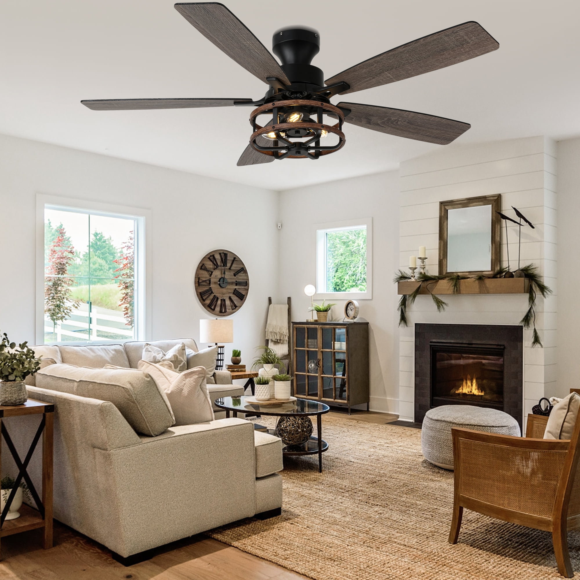 Cusp Barn 52 inch Black Farmhouse Industrial Flush Mount Ceiling Fan with Lights and Remote, 6 Speeds Low Profile Ceiling Fan