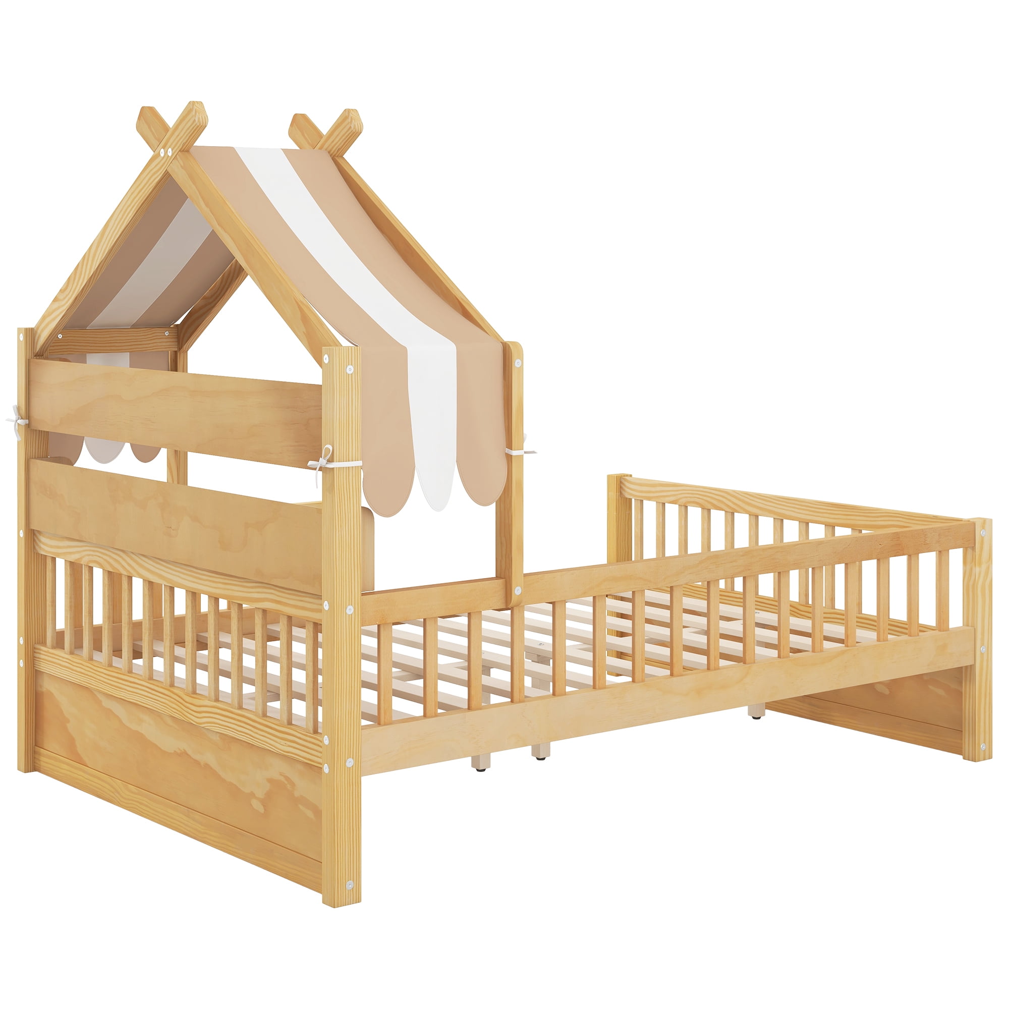 Euroco Wood Full Size Platform Bed with Storage Headboard and Canopy, Natural