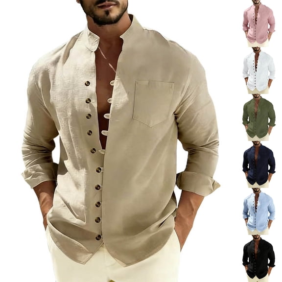 Vetsdori Mens Linen T-Shirts Winter Long Sleeve Button down Outdoor Casual Pocket Stand-up collar Plain Tops for Men