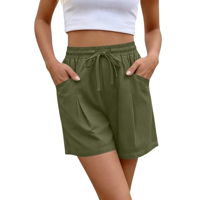 TaTaai Spring Summer Drawstring Linen Shorts for Women High Waist Elastic with Pockets Solid Color Loose Fit Comfy Breathable Casual Daily Beach Wear Gift