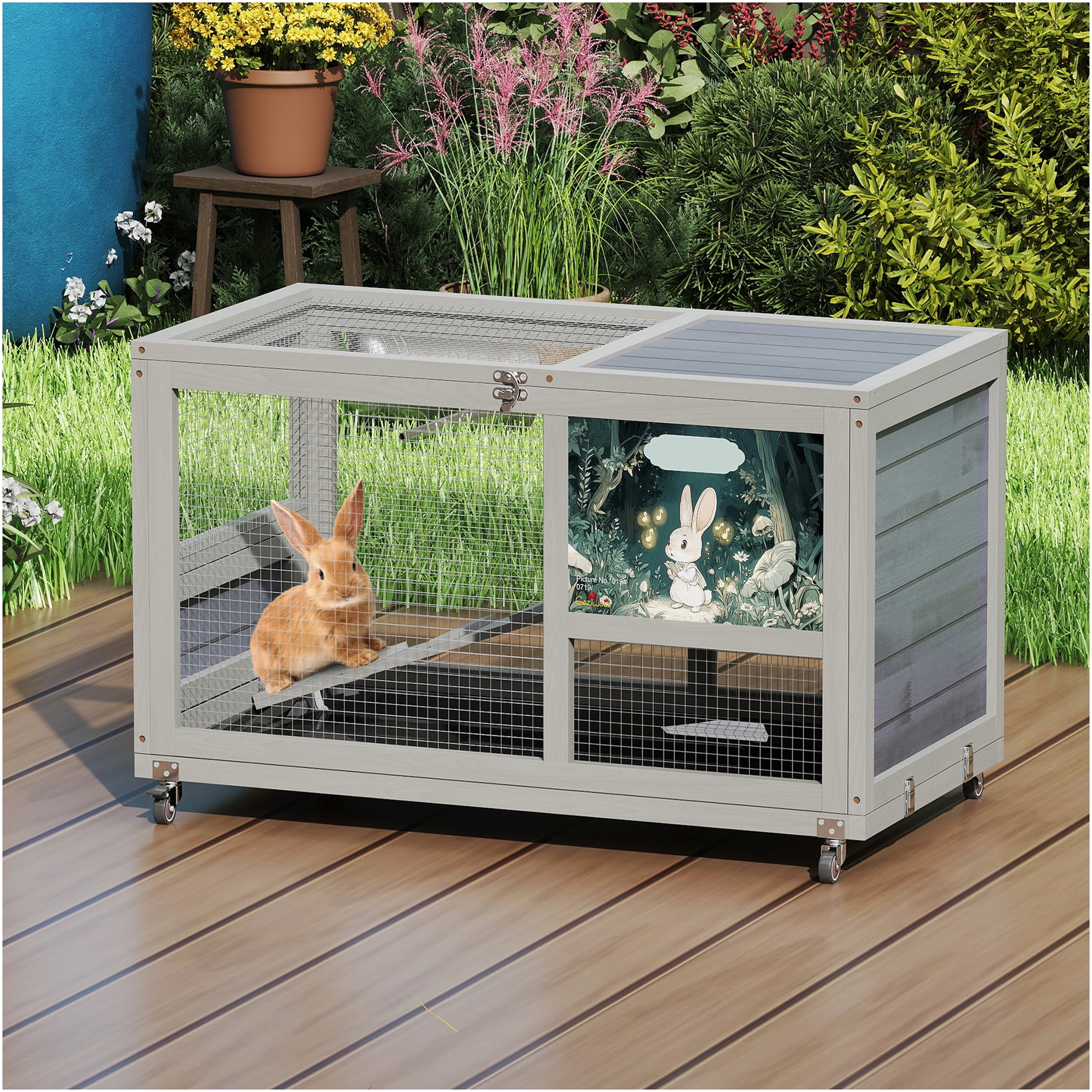 JERFIT 2-Story Rabbit Hutch with Wheels, Outdoor Indoor Wooden Bunny Cage with Removable Tray, Openable Roof & Ramp, Chew-Proof Gray Pet House for Rabbits, Guinea Pigs, Small Animals