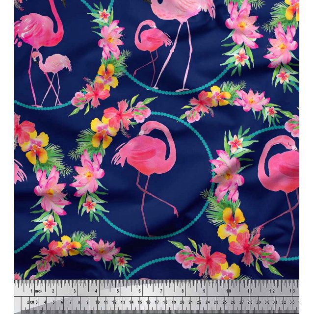 Soimoi Poly Georgette Fabric Floral Wreath & Flamingo Bird Printed Fabric 1 Yard 42 Inch Wide