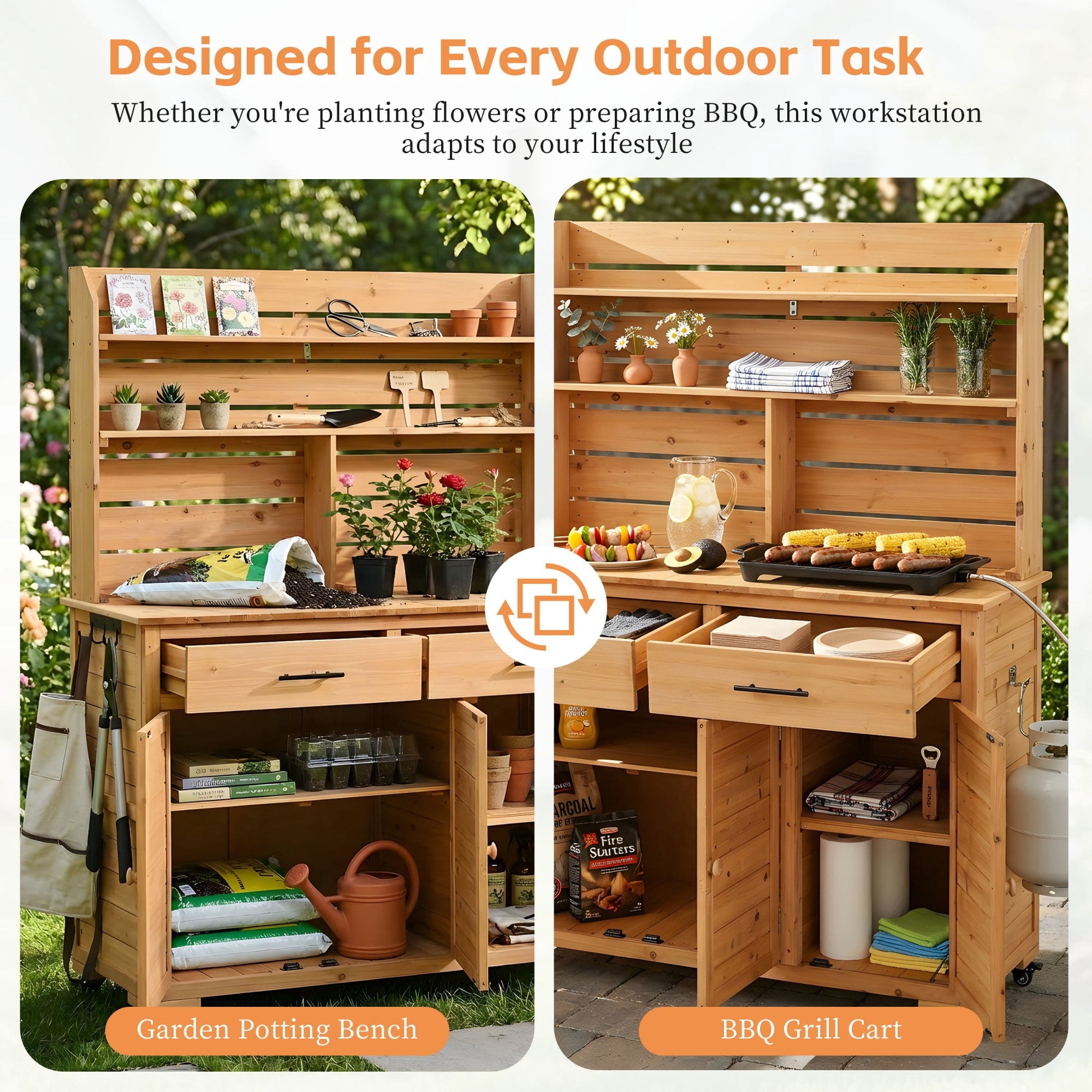 Sailvan 65''H Wood Patio Kitchen Island & Garden Potting Bench,Outdoor Grill Prep Cart with Storage Cabinet,Hutch Top and Wheels Natural Wood