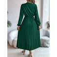 thumbnail image 6 of Women Fall Long Sleeve Dress Casual V Neck Pleated A Line Dark Green M, 6 of 7