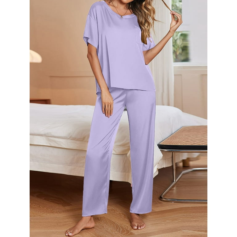 DAKIMOE Womens Silk Satin Pajama Set Short Sleeve Shirt with Long Pajama Pant Set Two piece Pj Sets Soft Sleepwear Loungewear Nightwear Pjs S 2XL