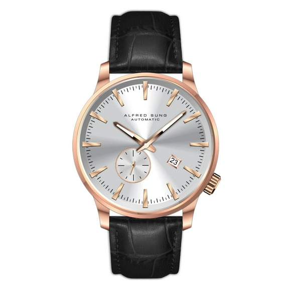 Alfred Sung Automatic II Silver Sunray Dial Black Leather Strap Men's watch