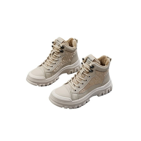 

Ymiytan Ladies Short Bootie Plush Lined Combat Boot Lace Up Ankle Boots Walking Booties Fashion Warm Winter Shoes Khaki 5.5