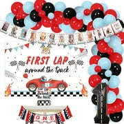 First Lap Around the Track Decorations Backdrop Photo Banner Cake Topper One High Chair Banner Red Blue Black Balloon Arch Kit Number 1 Foil Balloon for Race Car 1st Birthday Decorations Boy