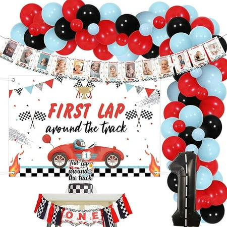 First Lap Around the Track Decorations Backdrop Photo Banner Cake Topper One High Chair Banner Red Blue Black Balloon Arch Kit Number 1 Foil Balloon for Race Car 1st Birthday Decorations Boy