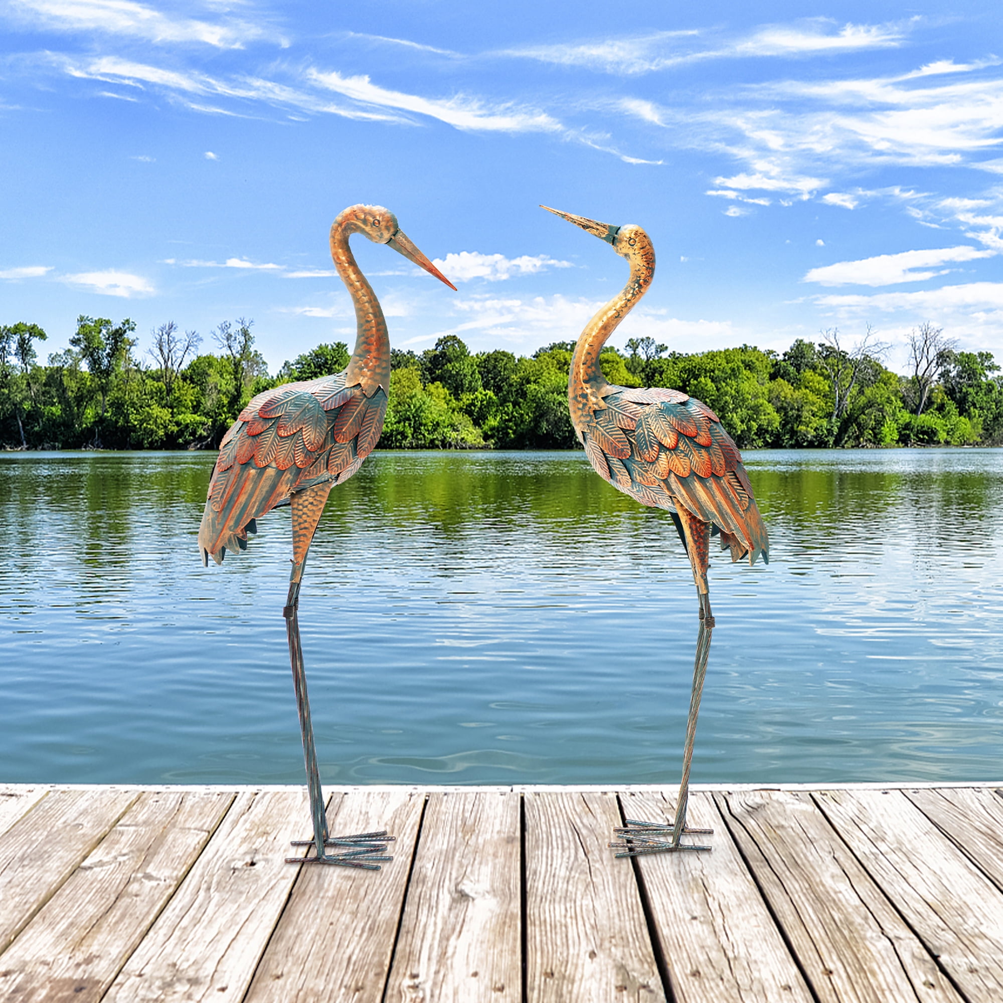 Costway 2-Piece Metal Crane Garden Statue Sculpture Set Outdoor Yard Lawn Decoration