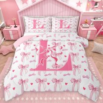 Homewish Monogrammed L Theme Bedding Comforter Set,Cartoon Bowtie Ribbon Twin Comforter Sets,Cartoon Loves Bow Bedding Set For Girl Teens,Ultra Soft Bedroom Decor Reversible,2-Piece