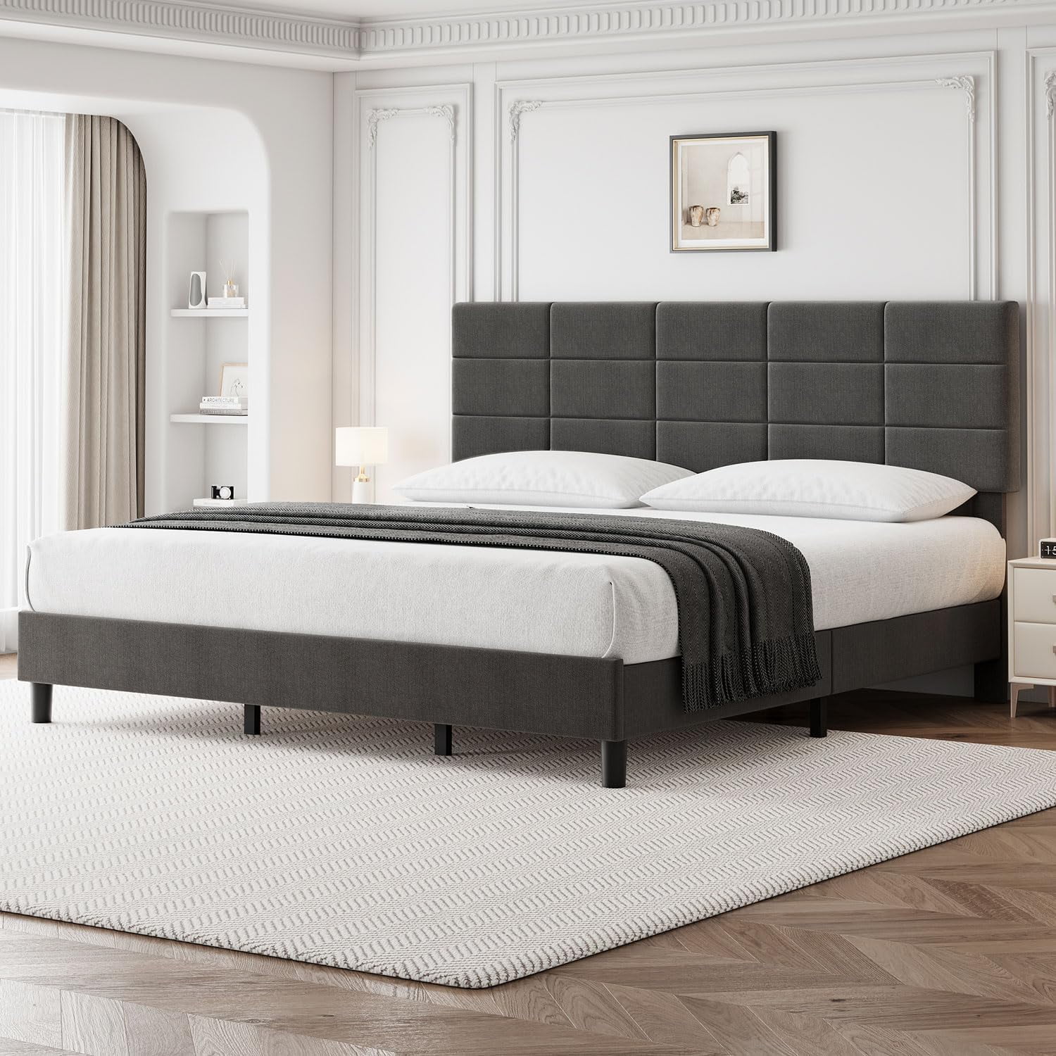 King Size Platform Bed Frame, Linen Upholstered King Bed Frame, Wooden Slats Support, No Box Spring Needed, Noise-Free, Grey