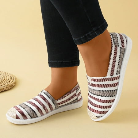 

FZM Women shoes Women Shallow Mouth Simple Single Shoes Casual Shoes Work Shoes Canvas Colorblock Striped Pattern Slip On Shoes