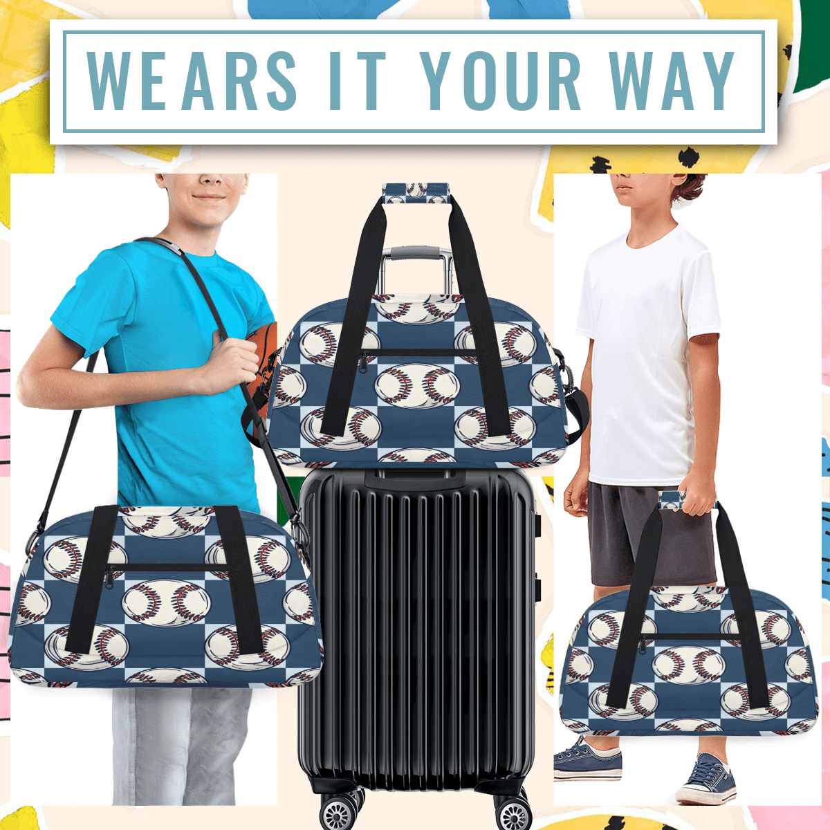 Herdesigns Baseball Sports Duffle Bag for Women & Men, Baseball Print Gym Bag Dance Bag Overnight Bag Carry On Weekender Travel Bag