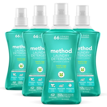 Method Liquid Laundry Detergent; Beach Sage Scent, Plant-Based Stain Remover; ; 66 Loads per 53.5 fl oz bottle; 4 Pack 264 Total Loads; Packaging May Vary