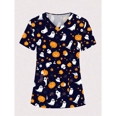 cimmuovere Women's Halloween Print V-Neck Multi-Pocket Scrubs Nurse Scrubs Workwear Dentist Healthcare Pet Hospital Laboratory Uniform Top