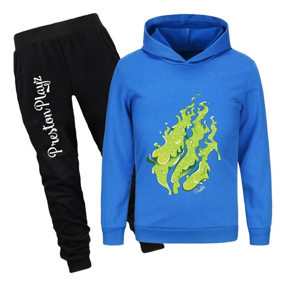 Boys Girls PrestonPlayz Hoodie Outfit Flame Design Pullover and Pants Set Kids 2 Piece Game Clothing