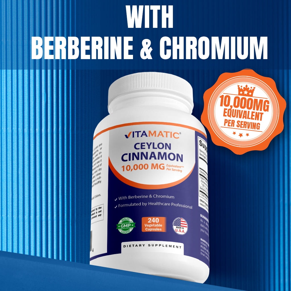 Vitamatic Ceylon Cinnamon 10000 mg Equivalent per Serving with Berberine & Chromium - 240 Vegetable Capsules - Non-GMO & Gluten Free