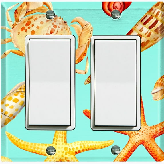 Metal Light Switch Wall Plate Outlet Cover (Colorful Ocean Crab Star Fish Sea Shell Teal - Double Rocker)