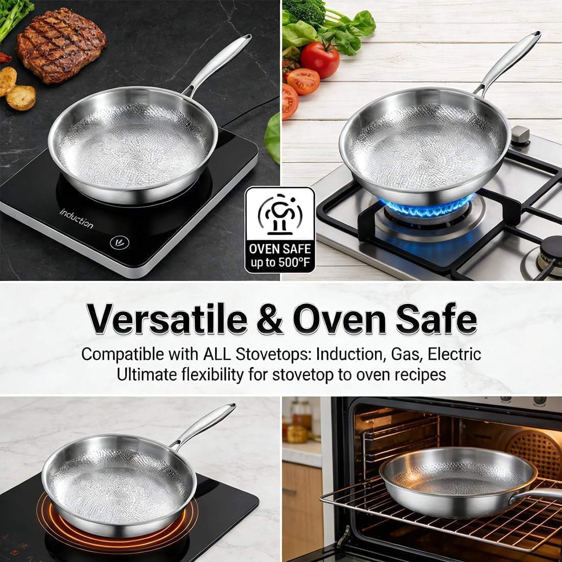Titanium Pan, 12" 100% Pure Titanium Frying Pan with Lid, Hammered Non-Stick Skillet for All Stovetops, Professional Lightweight Cookware for Healthy Searing & Daily Cooking (11.8 in, With Lid)