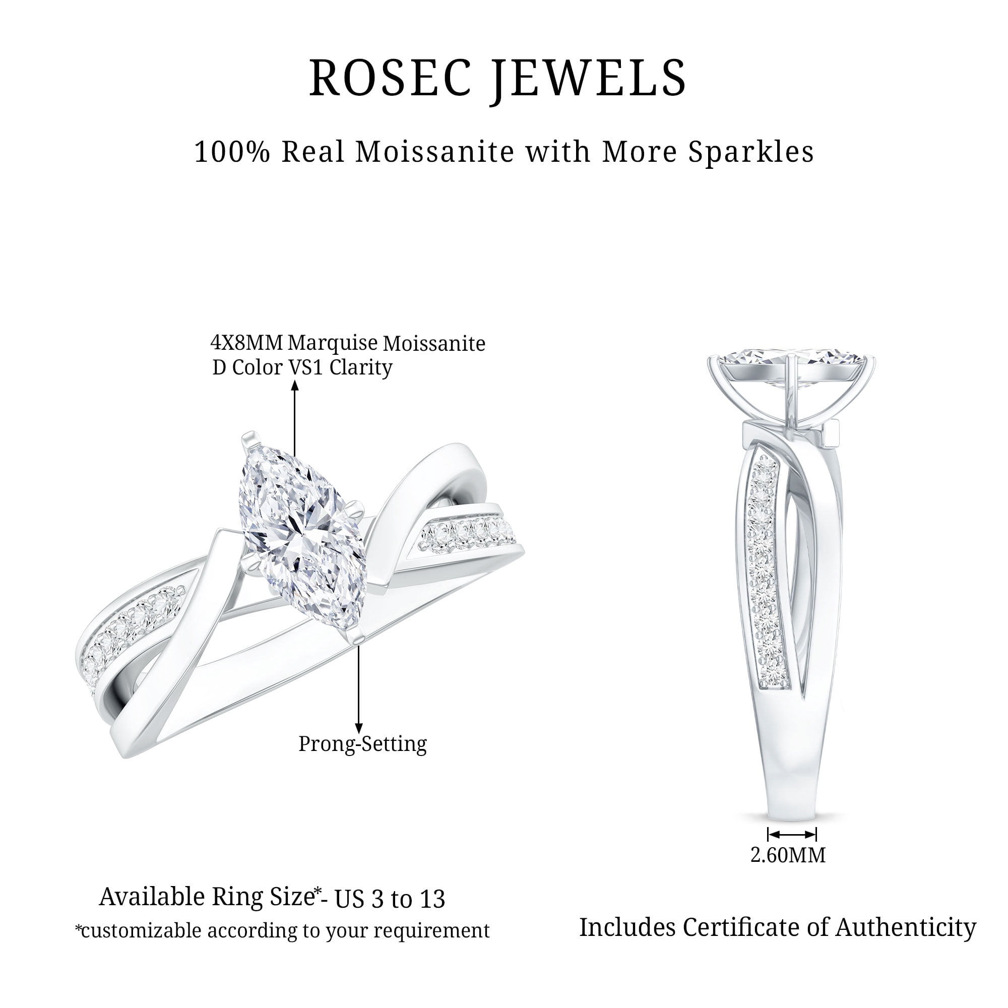 Rosec Jewels Marquise Cut Moissanite Infinity Engagement Ring for Women (1 Carat, 4X8mm, D-VS1 Quality Certified) - with Jewelry Box, 14K White Gold, US 9.00