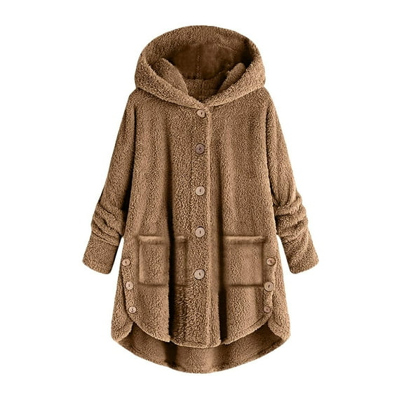 JUUYY Women's Shearling Coats with Hood Long Knee Length Fuzzy Jackets Zip Up Faux Coat Long Outerwear Trendy with Pockets Brown XXXL