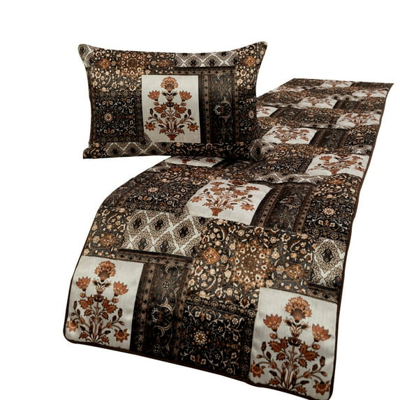 King / Queen / Twin Brown Decorative CA King 86"x18" Bed Runner WITH Pillow Cover, Persian Pattern & Quilted Bed Scarf on Satin fabric - Parisa