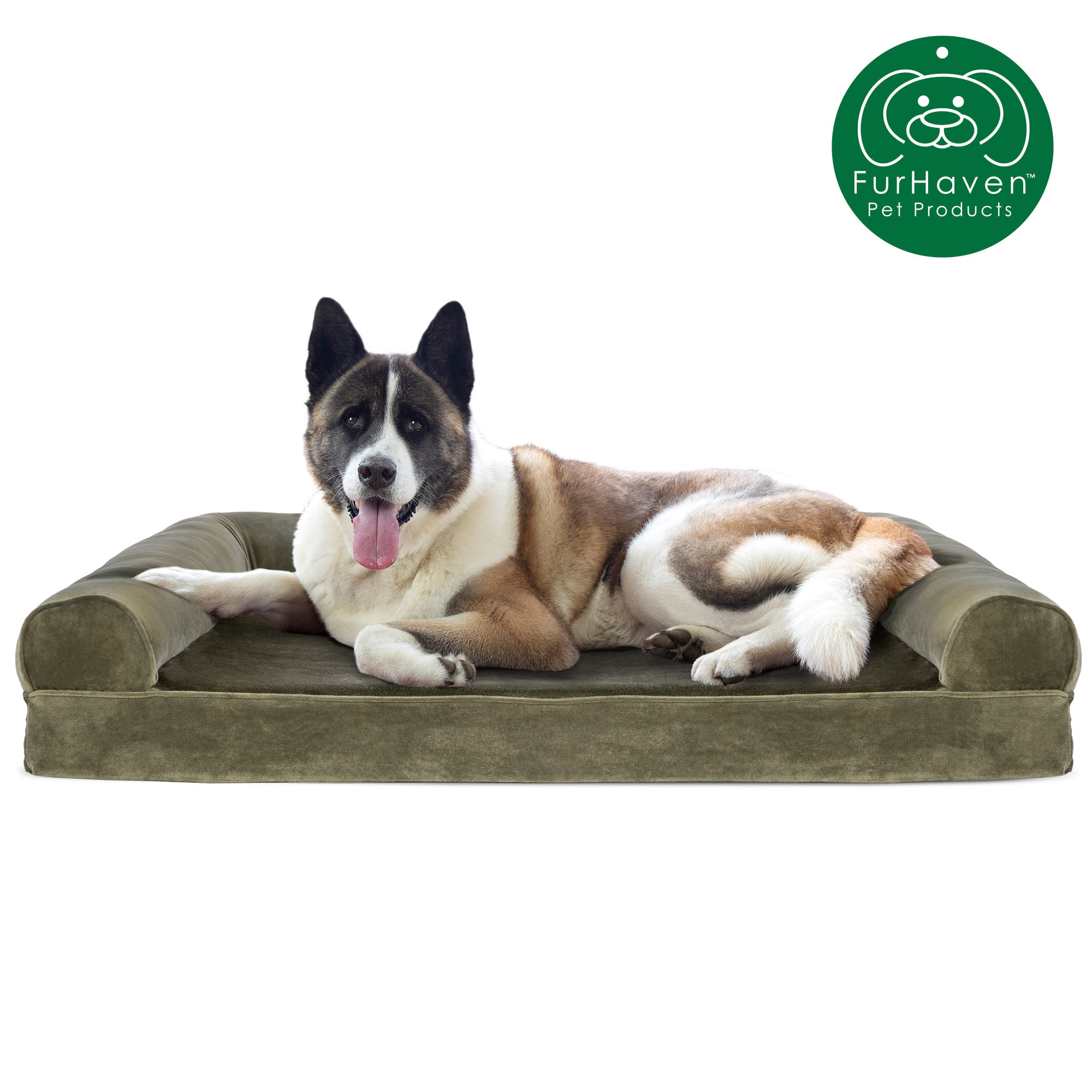 Large Furhaven Pet Orthopedic Faux Fleece & Chenille Sofa-Style Couch Pet Bed for Dogs & Cats Dark Sage