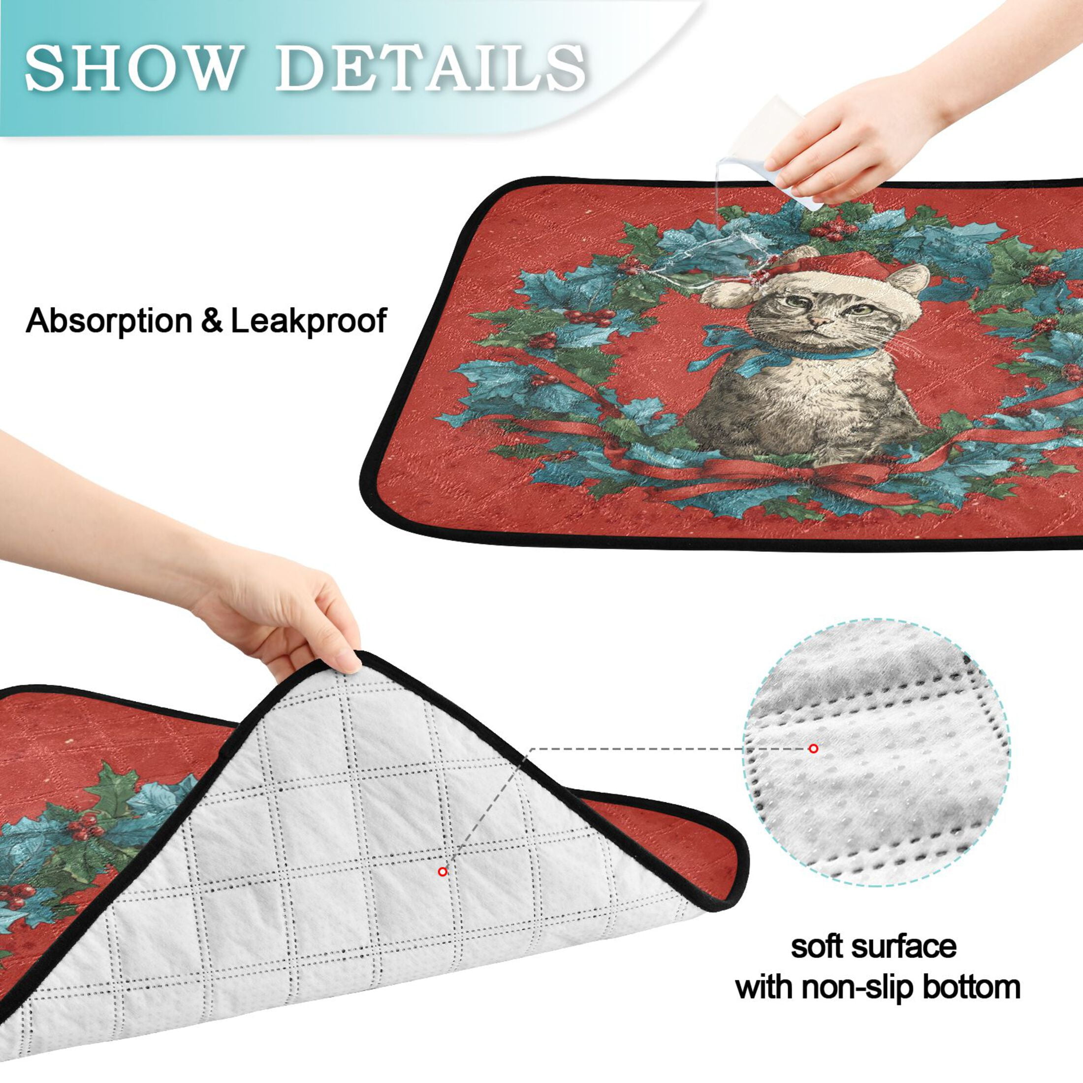 Qxltty Christmas Tabby Cat Cat litter Pads Pet Set of 2 Diaper Mats Center Anti-leakage Layer Absorbent Soft and Comfortable