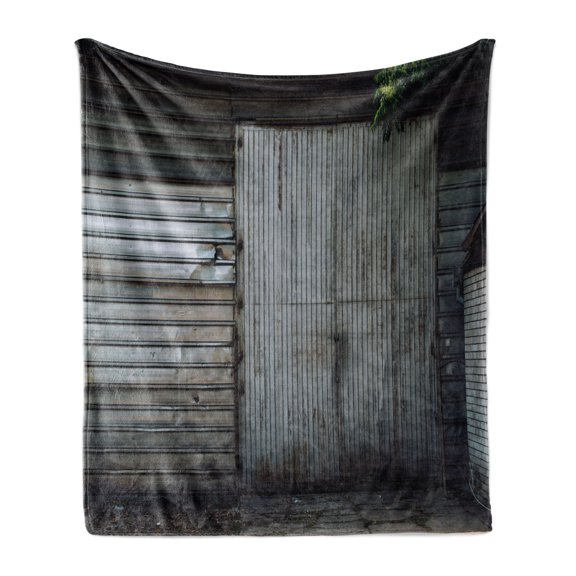 Industrial Soft Flannel Fleece Throw Blanket, Obsolete Zinc Plated Steel Door Padlock Locked Gate Warehouse Print, Cozy Plush for Indoor and Outdoor Use, 50" x 70", Grey Green and Brown, by Ambesonne