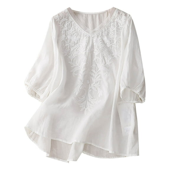 MIXUE Womens Summer Tops Floral Embroidery Solid Color V Neck Short Sleeve Loose Tshirts Outwear,White,L