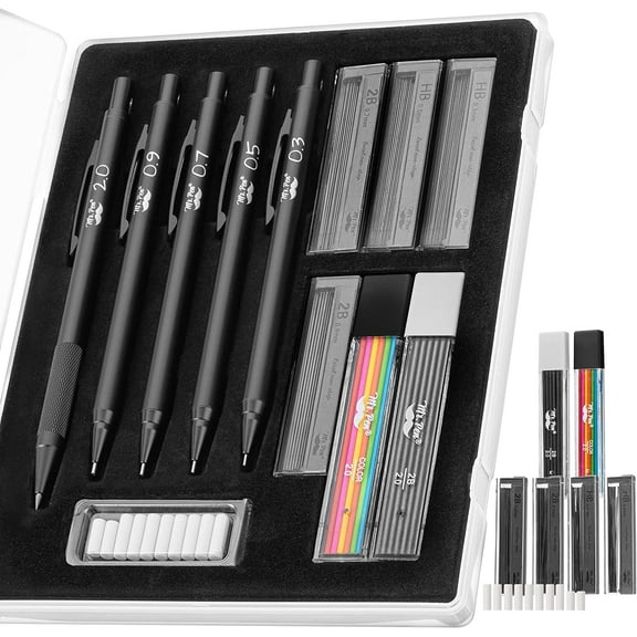 Mr. Pen- Metal Mechanical Pencil Set with Lead and Eraser Refills, 5 Sizes, Black, 0.3, 0.5, 0.7, 0.9, 2mm