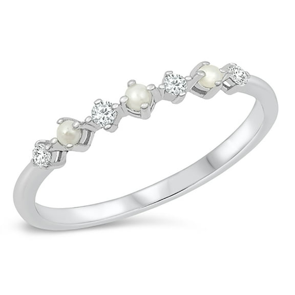 All in Stock Clear Cubic Zirconia Simulated Pearl Alternating Stackable Ring 925 Sterling Silver Size 9