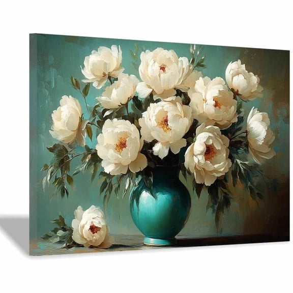 Mudket White Peony Flower Bouquet in Teal Vase Canvas Wall Art, Vintage Floral Oil Painting Wall Decor, Framed Ready to Hang Artwork for Living Room Kitchen Farmhouse - 12"L x 8"W
